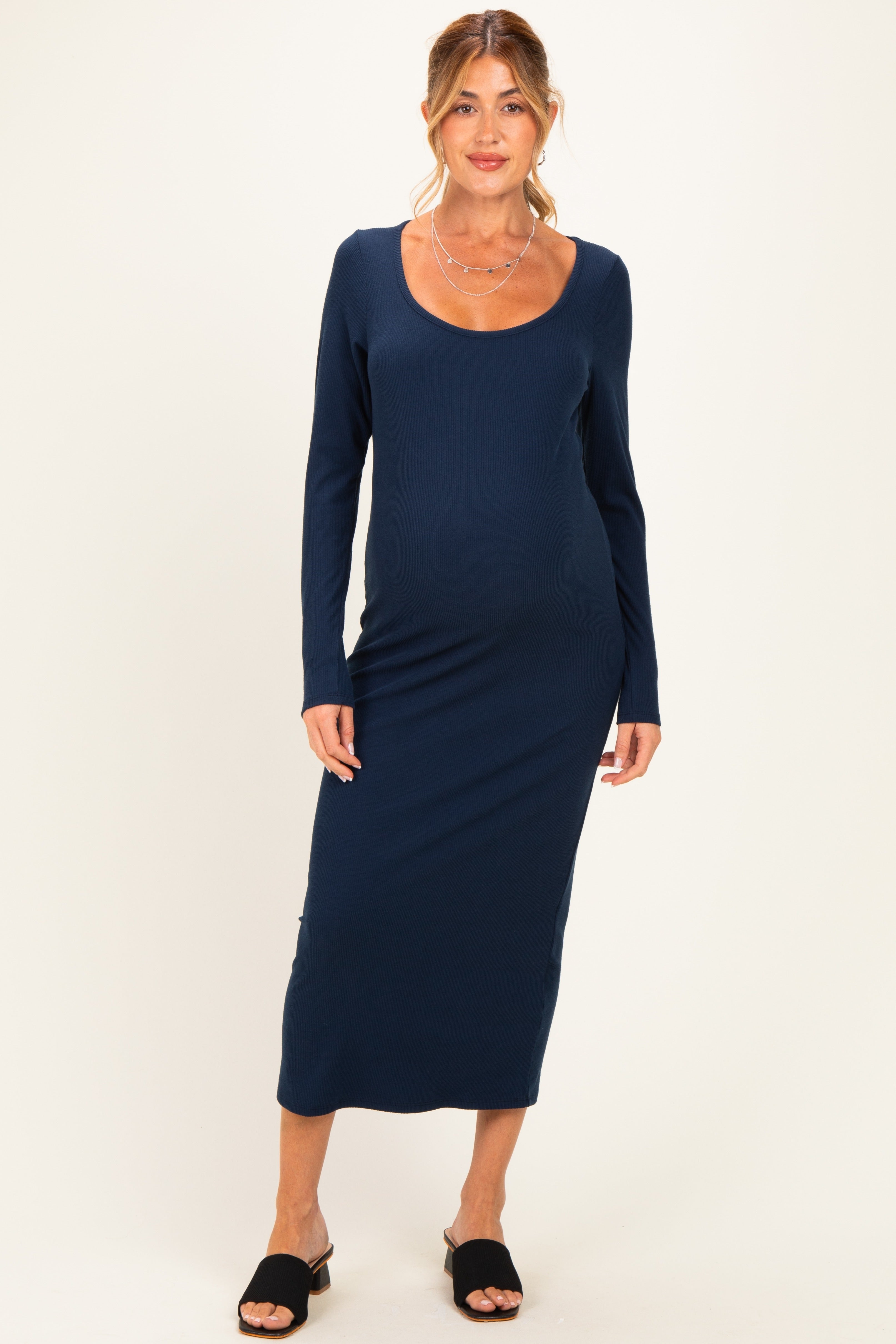 Navy Scoop Neck Long Sleeve Maternity Midi Dress