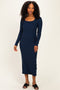 Navy Scoop Neck Long Sleeve Midi Dress