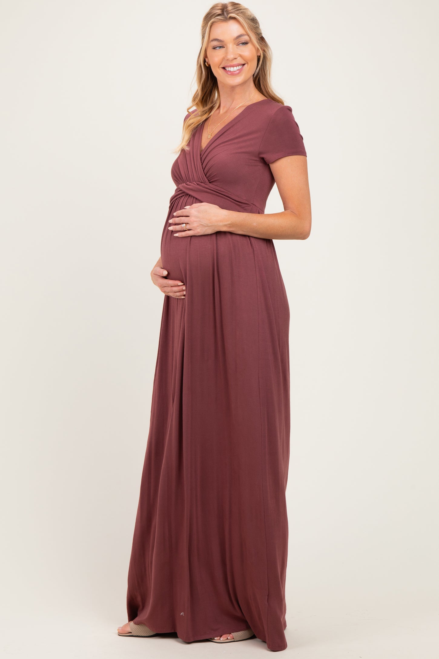 PinkBlush Red Brown Draped Maternity/Nursing Maxi Dress
