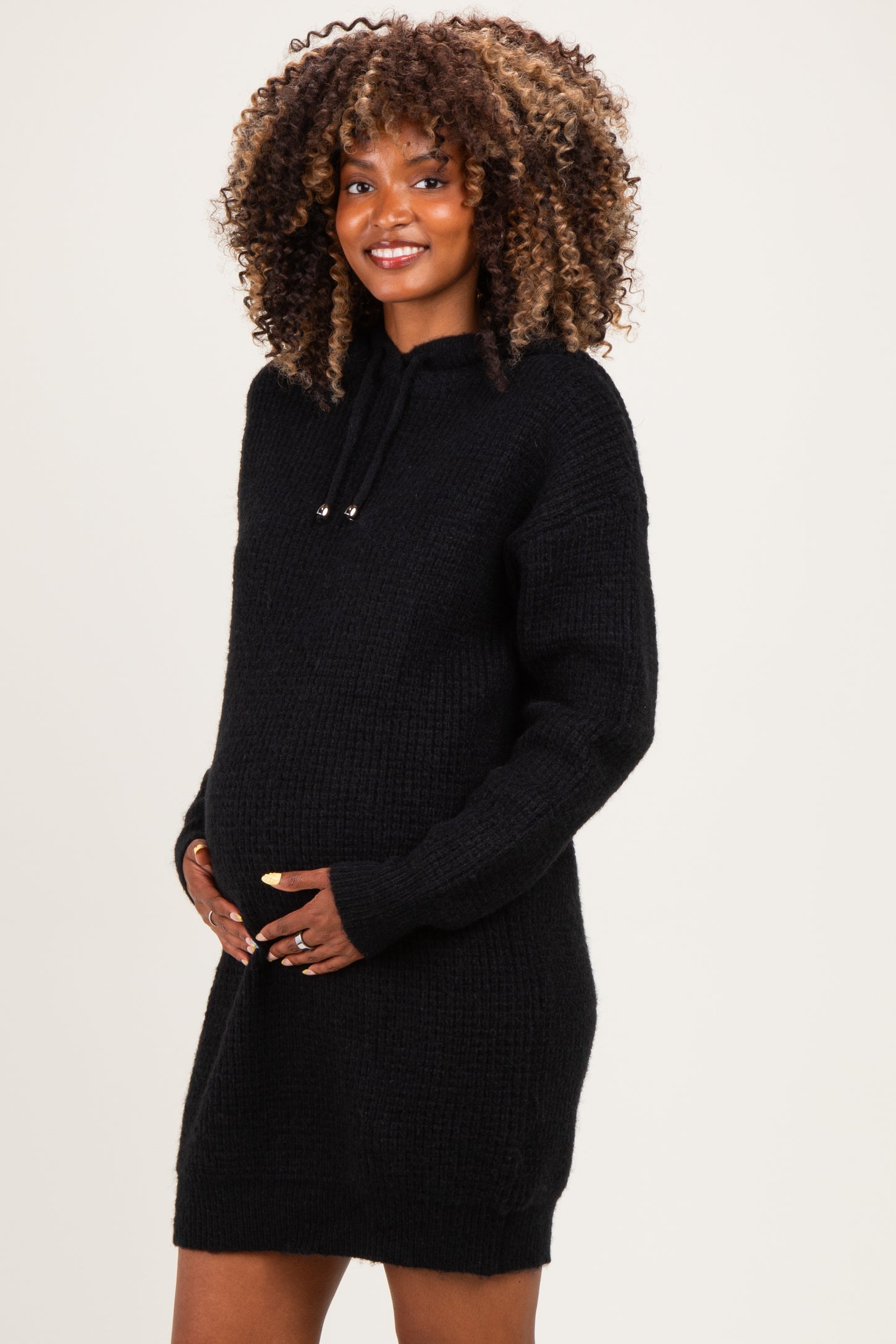 Black Chunky Waffle Knit Hooded Maternity Tunic Dress