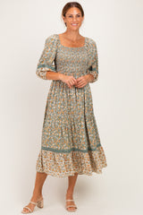 Sage Floral Lace Trim Smocked Midi Dress