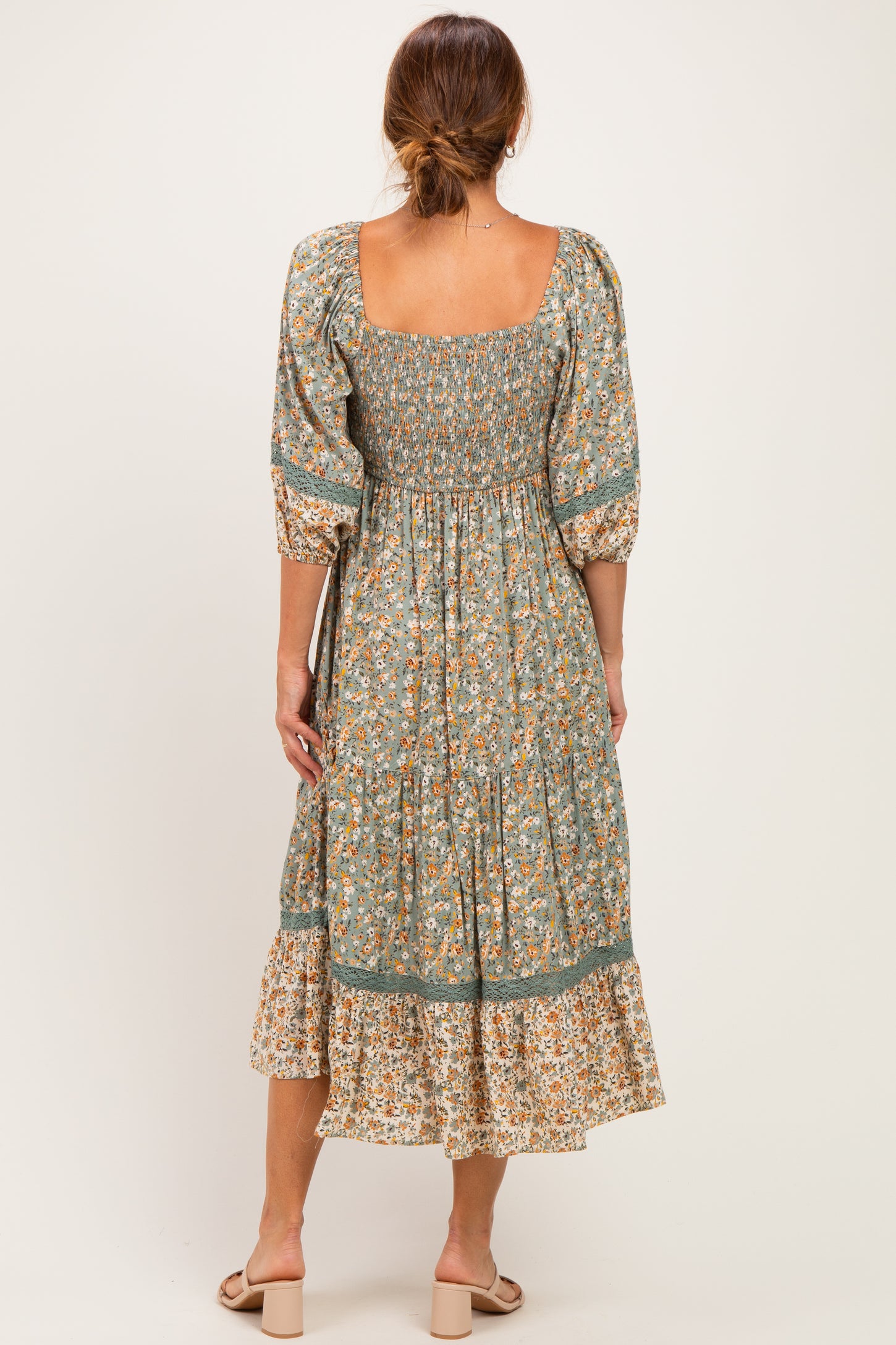 Sage Floral Lace Trim Smocked Midi Dress
