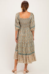 Sage Floral Lace Trim Smocked Midi Dress
