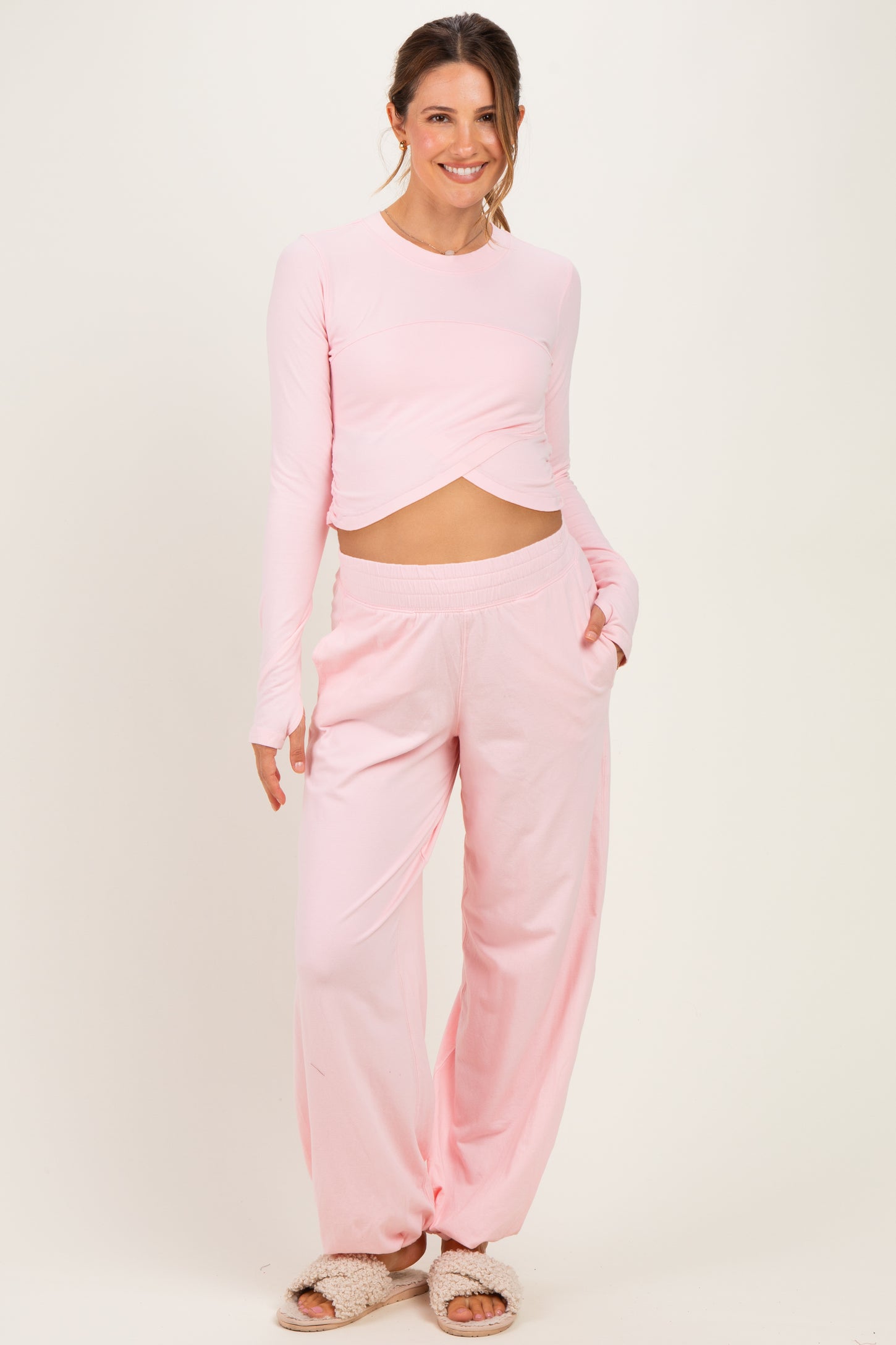 Light Pink Cropped Long Sleeve Pant Maternity Set