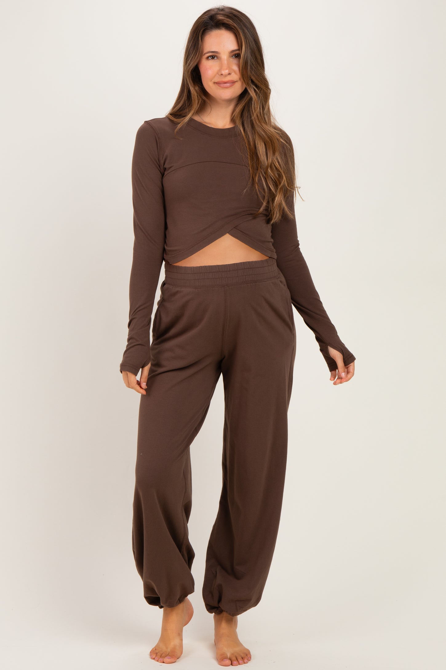 Mocha Cropped Long Sleeve Pant Maternity Set