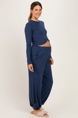 Smoky Navy Cropped Long Sleeve Pant Maternity Set