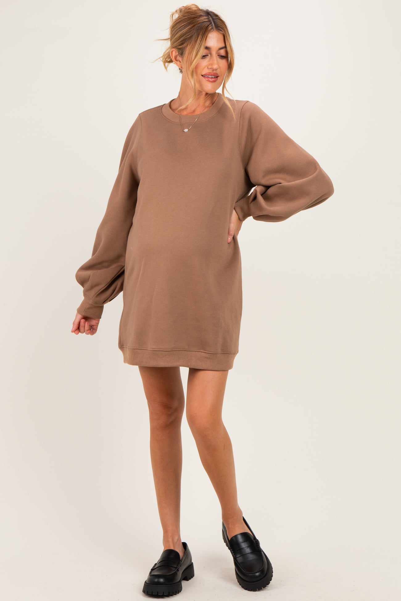Mocha Oversized Bubble Sleeve Maternity Sweatshirt Dress