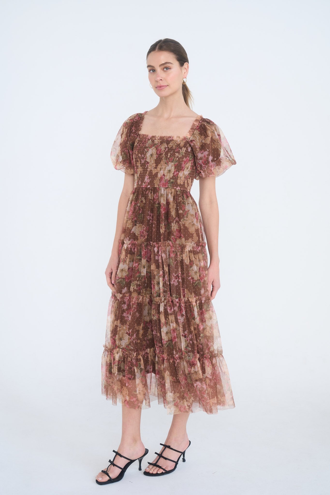 Light Brown Floral Polka Dot Tulle Midi Dress