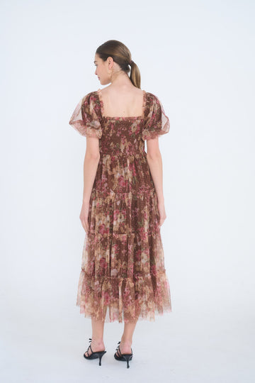 Light Brown Floral Polka Dot Tulle Midi Dress