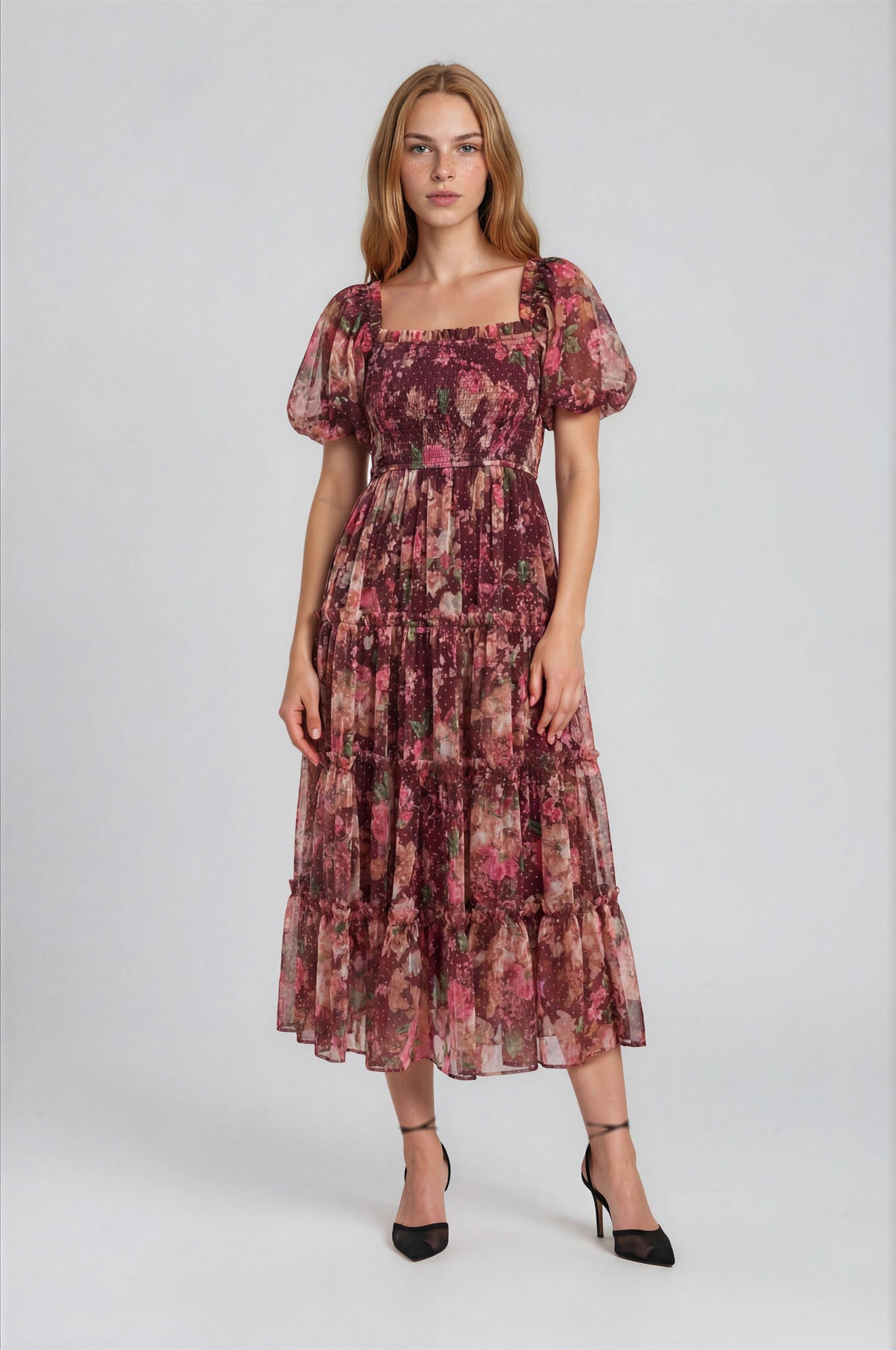 Burgundy Floral Polka Dot Tulle Midi Dress