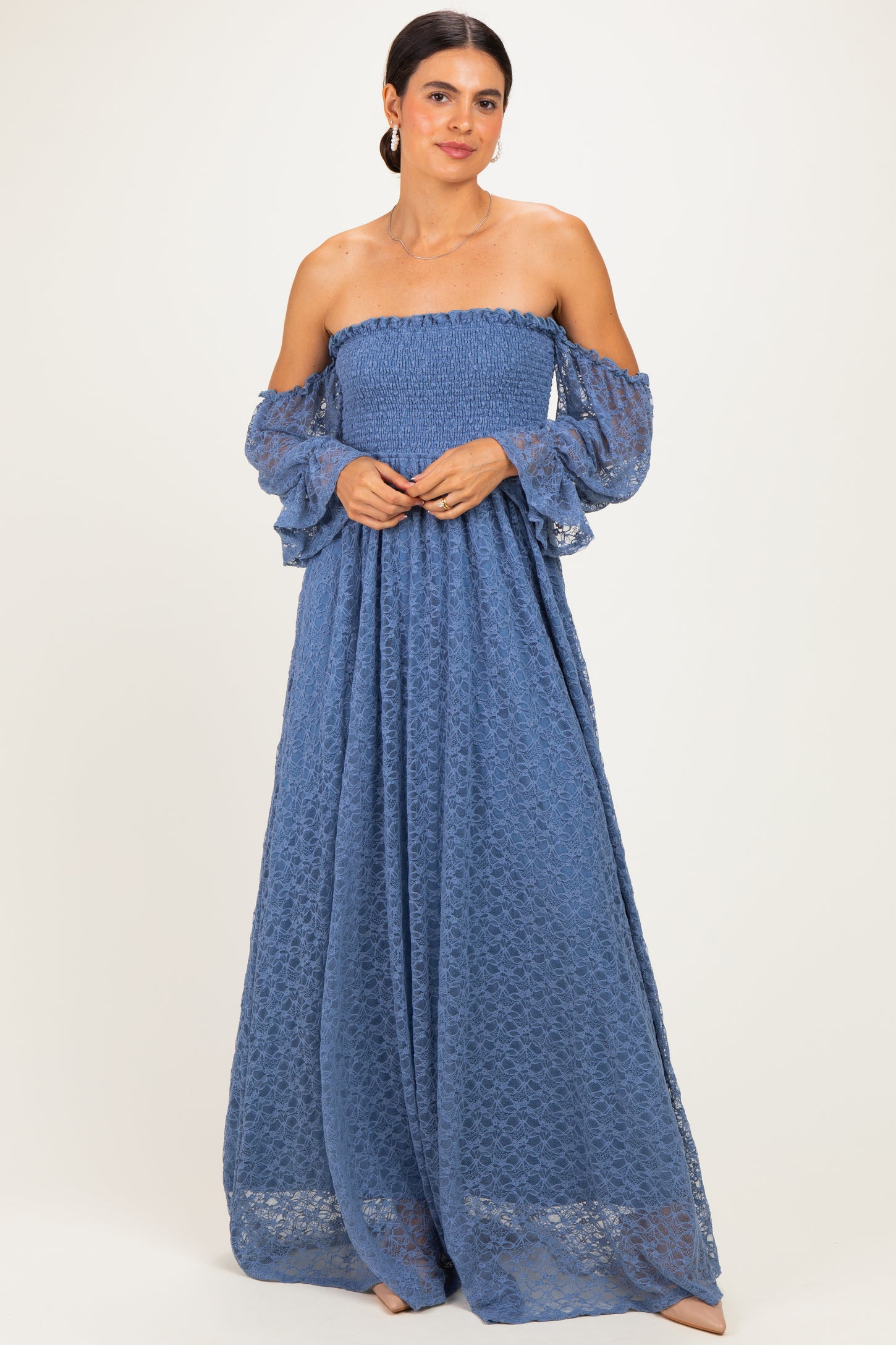 Light Blue Lace Off Shoulder Long Sleeve Maternity Dress