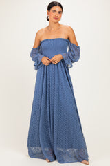 Light Blue Lace Off Shoulder Long Sleeve Maternity Dress