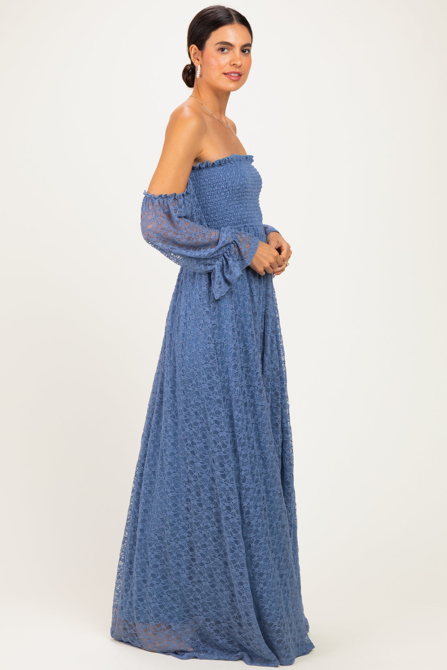 Light Blue Lace Off Shoulder Long Sleeve Dress