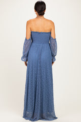 Light Blue Lace Off Shoulder Long Sleeve Dress