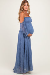 Light Blue Lace Off Shoulder Long Sleeve Maternity Dress