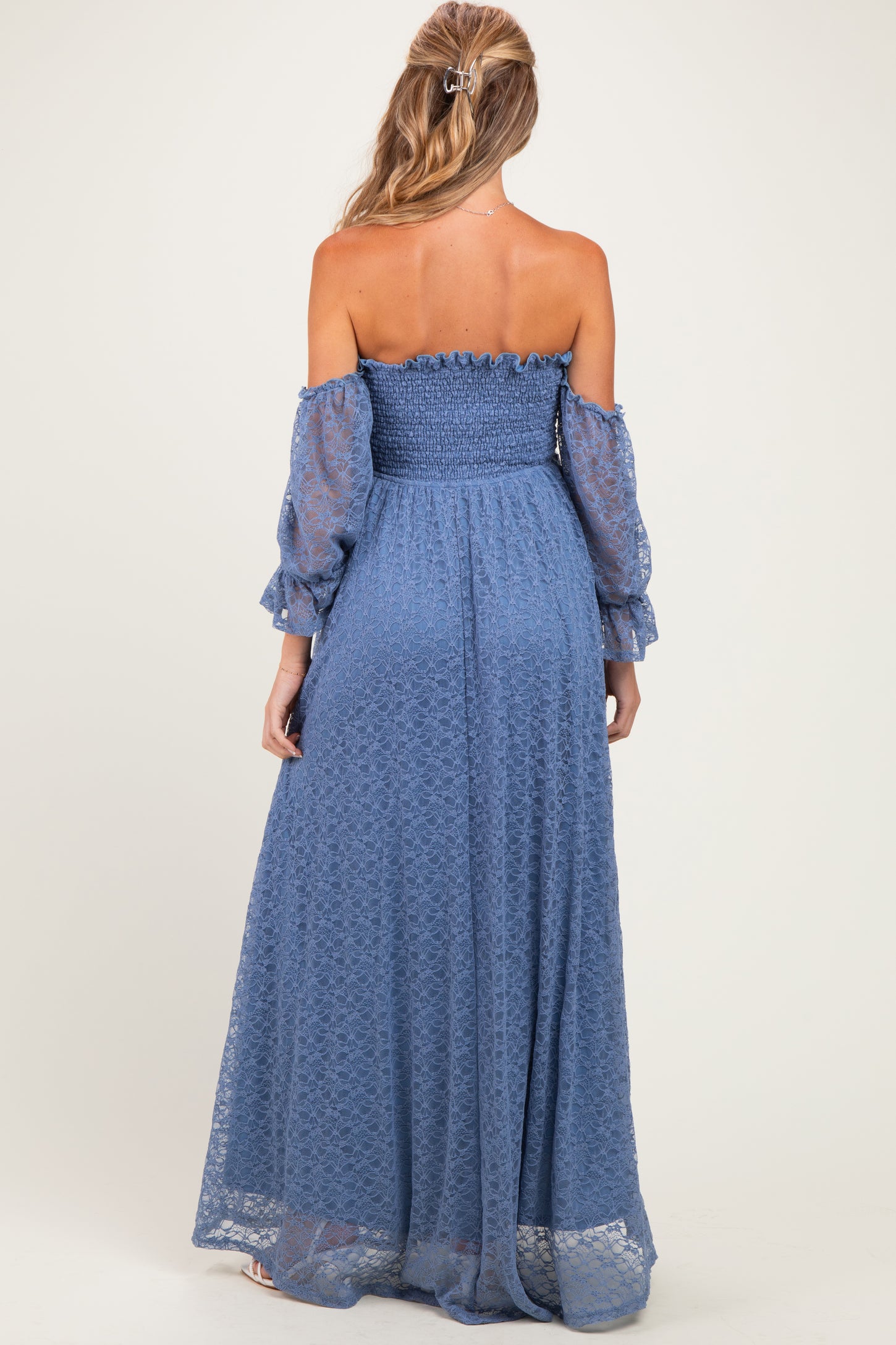 Light Blue Lace Off Shoulder Long Sleeve Maternity Dress