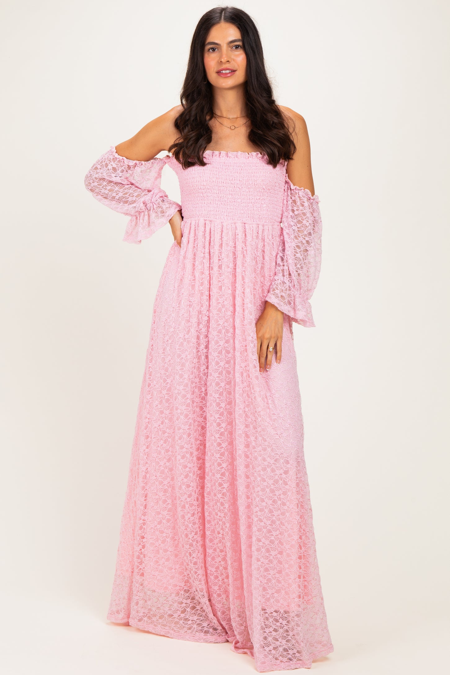 Pink Lace Off Shoulder Long Sleeve Maternity Dress – PinkBlush