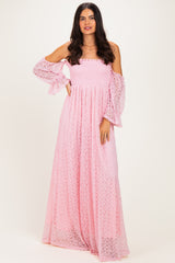 Pink Lace Off Shoulder Long Sleeve Dress
