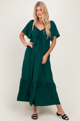Dark Sage Flutter Sleeve Ruffle Hem Maternity Maxi Dress