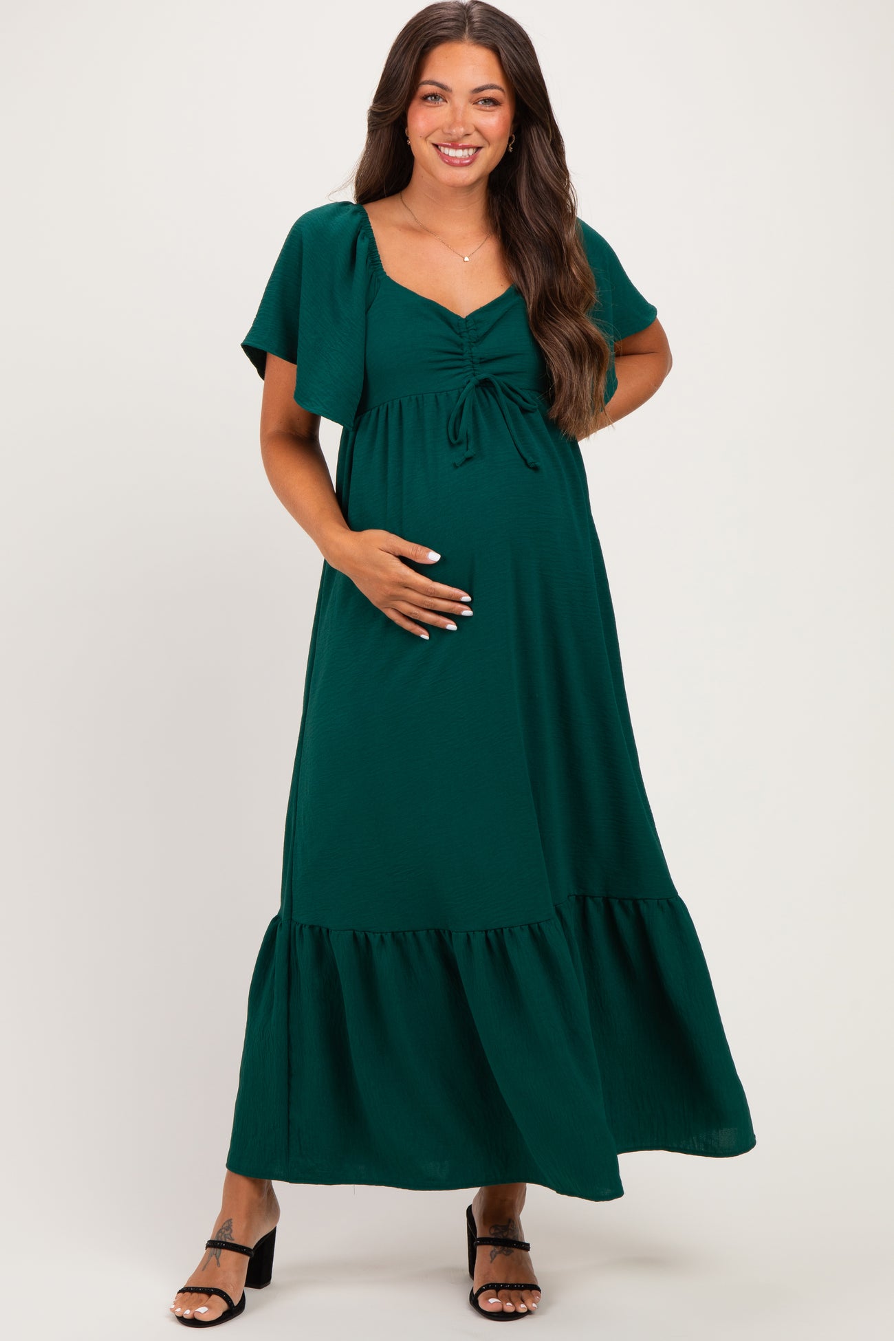 Dark Sage Flutter Sleeve Ruffle Hem Maternity Maxi Dress