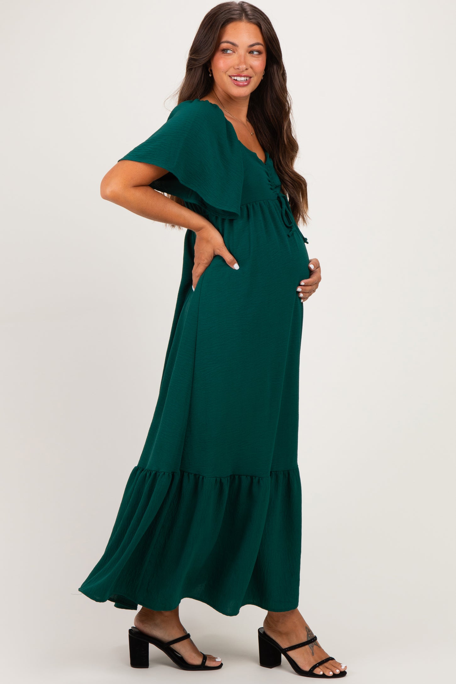 Dark Sage Flutter Sleeve Ruffle Hem Maternity Maxi Dress