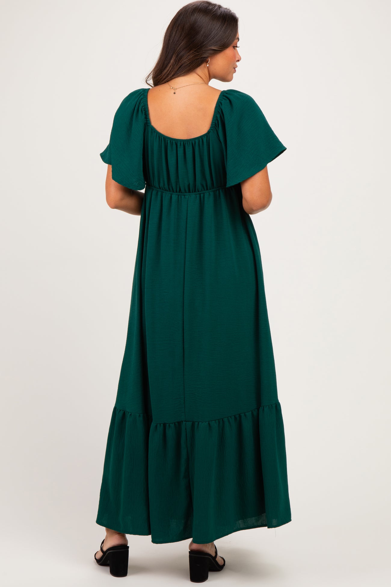 Dark Sage Flutter Sleeve Ruffle Hem Maternity Maxi Dress