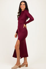 Burgundy Mock Neck Front Slit Long Sleeve Maxi Dress