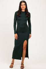 Hunter Green Mock Neck Front Slit Long Sleeve Maternity Maxi Dress