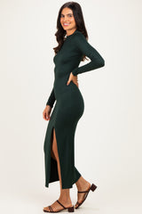 Hunter Green Mock Neck Front Slit Long Sleeve Maxi Dress