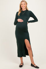 Hunter Green Mock Neck Front Slit Long Sleeve Maternity Maxi Dress