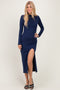 Navy Mock Neck Front Slit Long Sleeve Maxi Dress