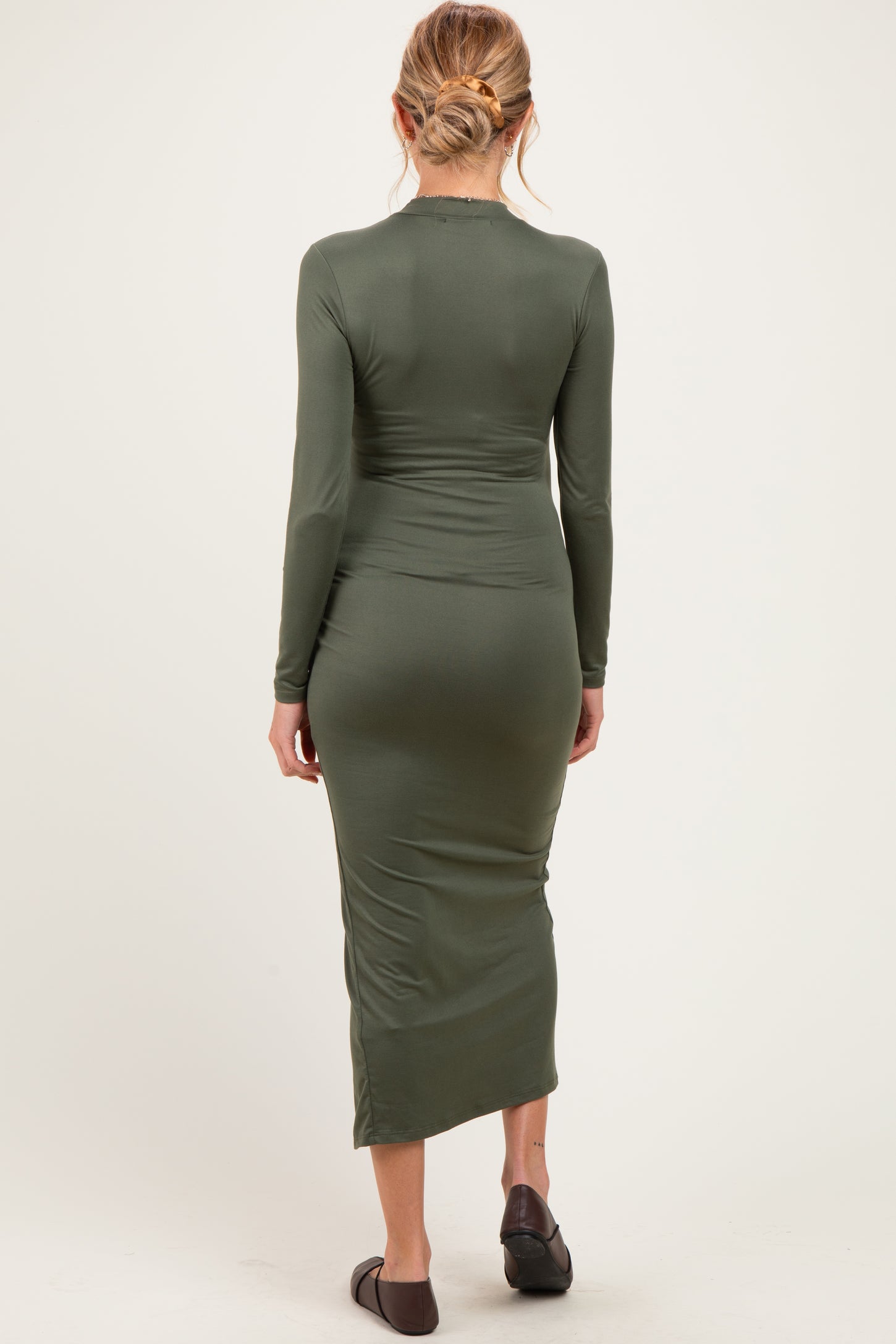 Olive Mock Neck Front Slit Long Sleeve Maternity Maxi Dress