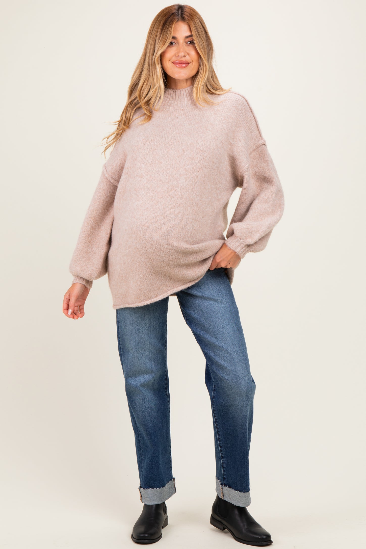 Oatmeal Oversized Mock Neck Maternity Tunic Sweater
