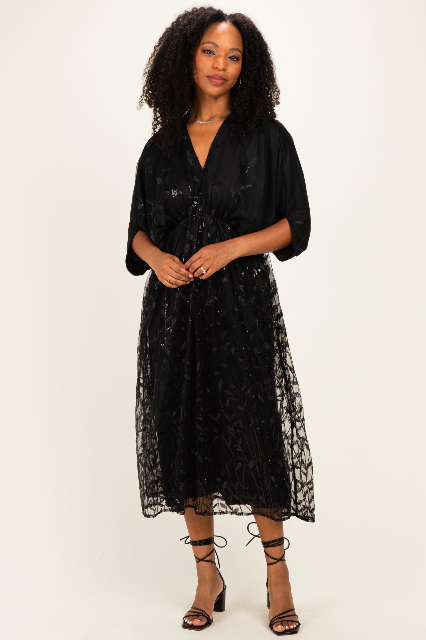 Black Embroidered Tulle Dolman V-Neck Midi Dress