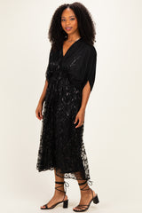 Black Embroidered Tulle Dolman V-Neck Midi Dress