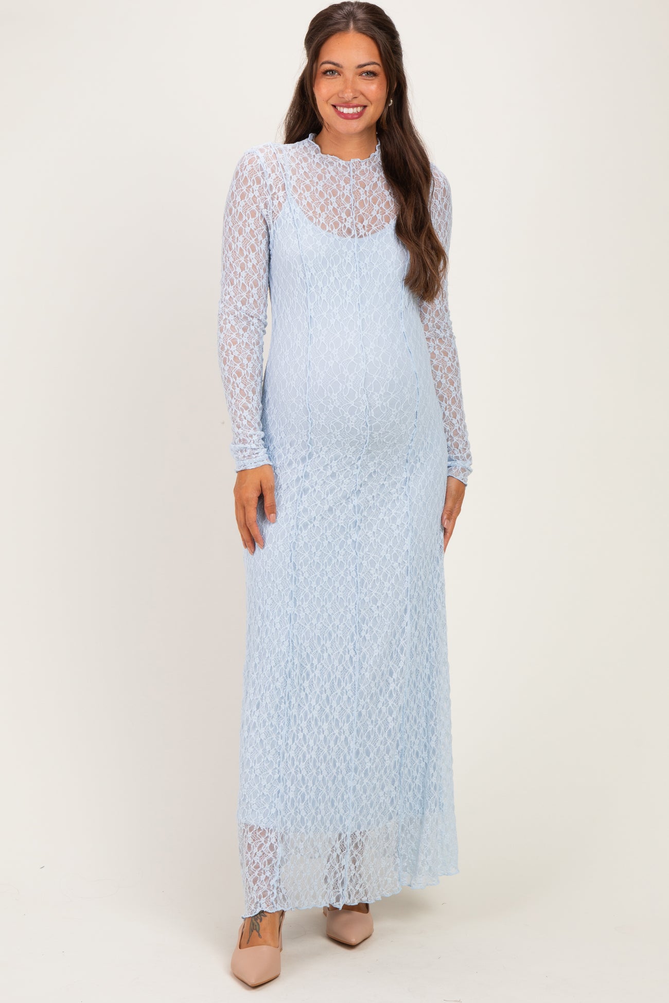 Light Blue Lace Mock Neck Long Sleeve Maternity Maxi Dress