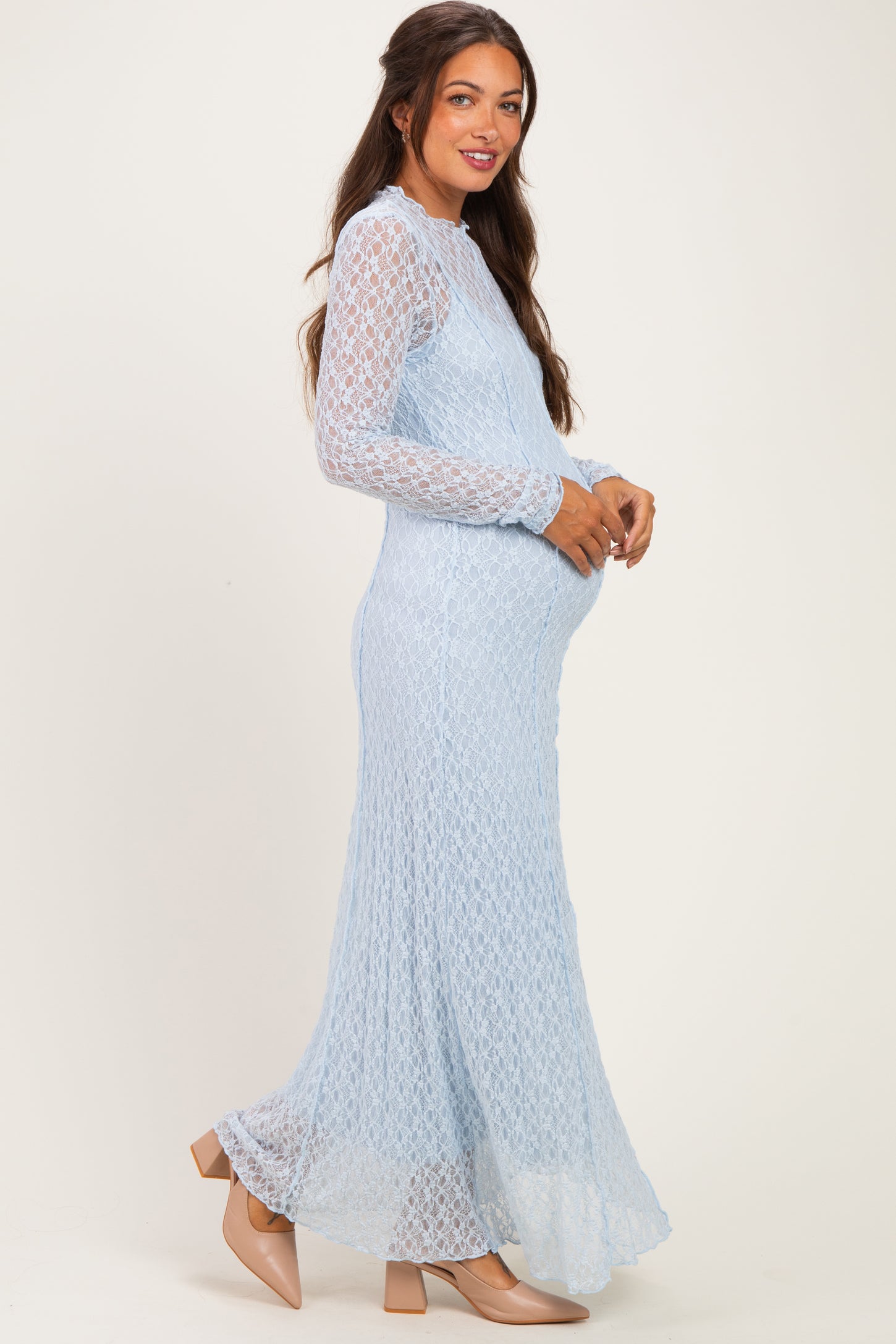 Light Blue Lace Mock Neck Long Sleeve Maternity Maxi Dress