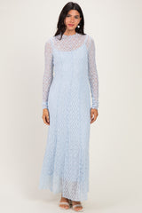 Light Blue Lace Mock Neck Long Sleeve Maxi Dress