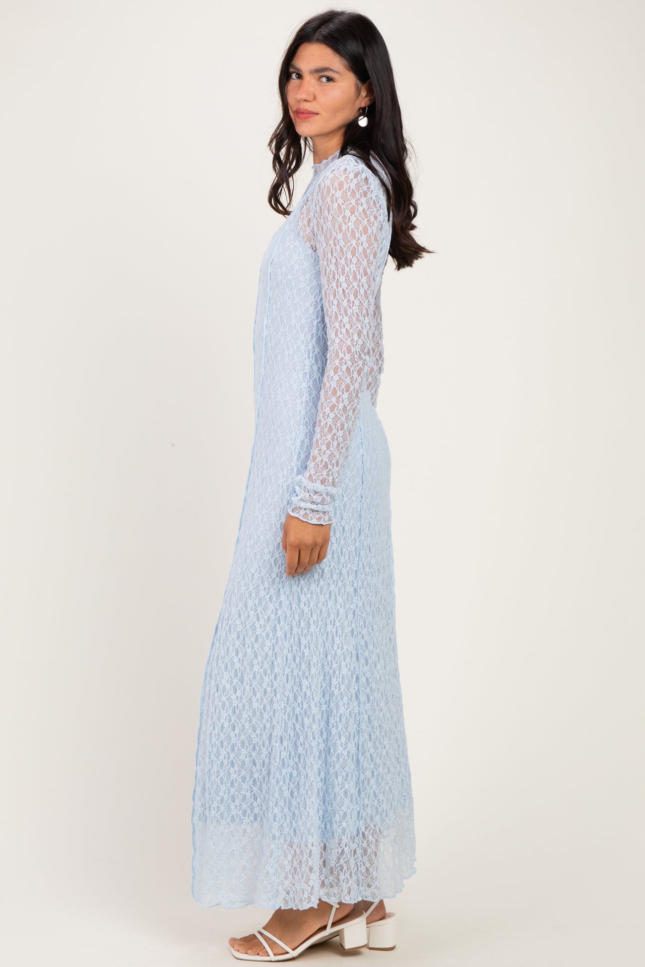 Light Blue Lace Mock Neck Long Sleeve Maxi Dress