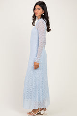 Light Blue Lace Mock Neck Long Sleeve Maxi Dress