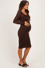 Brown Long Sleeve Fitted Lace Maternity Dress
