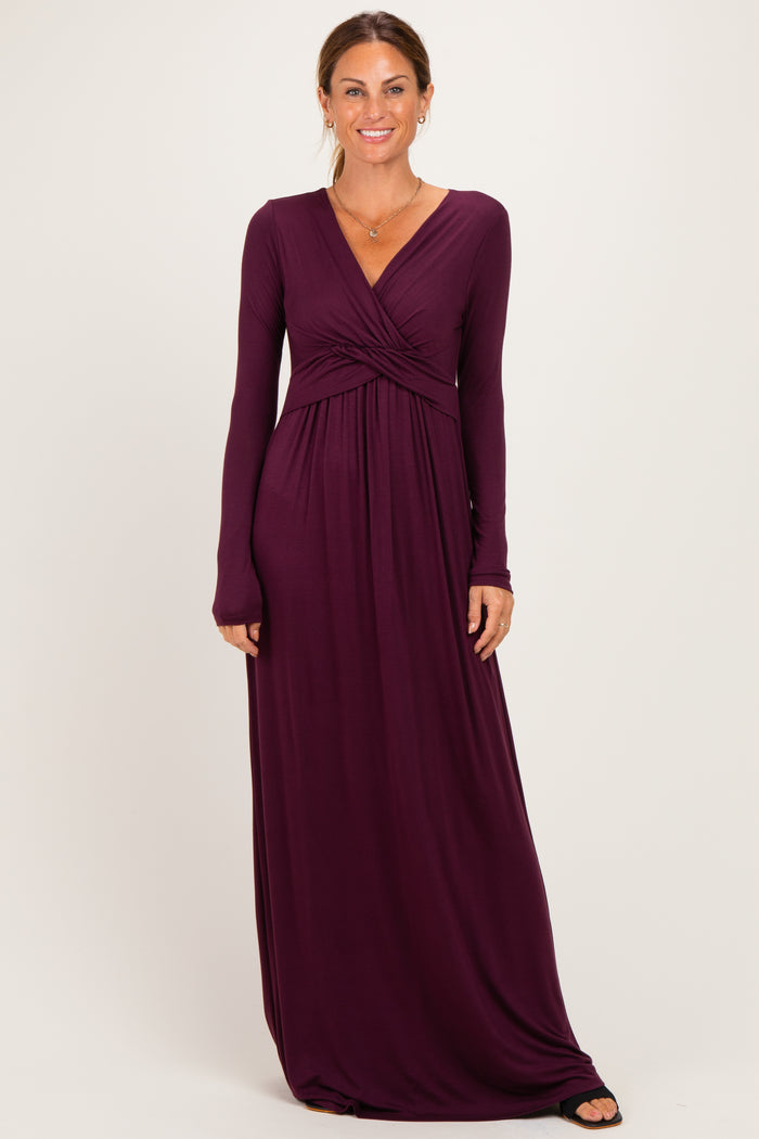 PinkBlush Burgundy Long Sleeve Draped Maternity/Nursing Maxi Dress