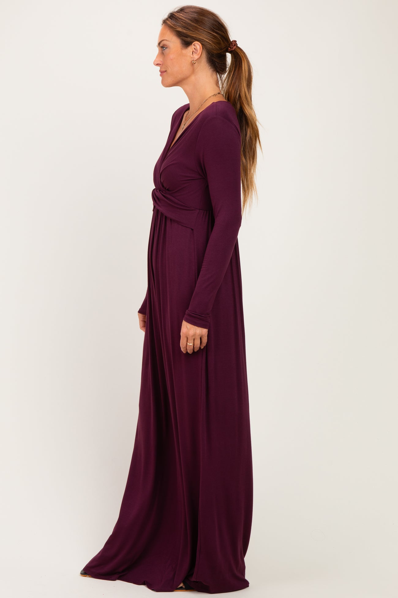 PinkBlush Burgundy Long Sleeve Draped Nursing Maxi Dress