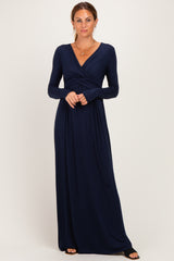 PinkBlush Navy Long Sleeve Draped Maternity/Nursing Maxi Dress