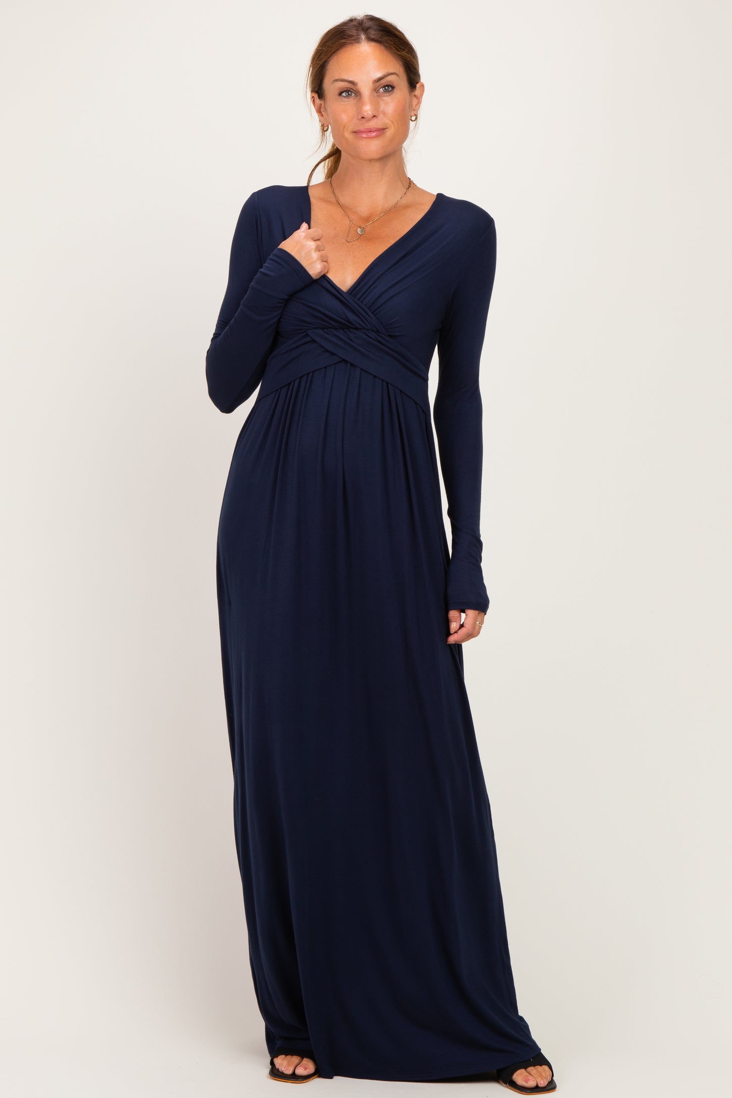 PinkBlush Navy Long Sleeve Draped Nursing Maxi Dress