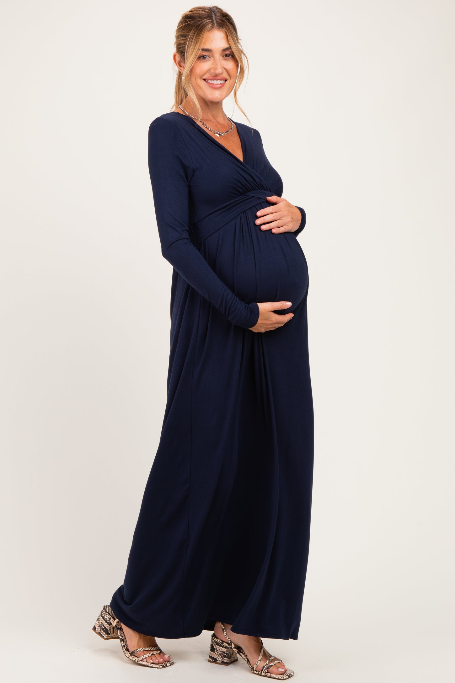 PinkBlush Navy Long Sleeve Draped Maternity/Nursing Maxi Dress