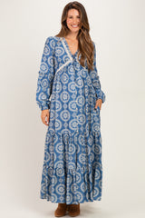 Dusty Blue Floral Lace Trim Maternity Maxi Dress