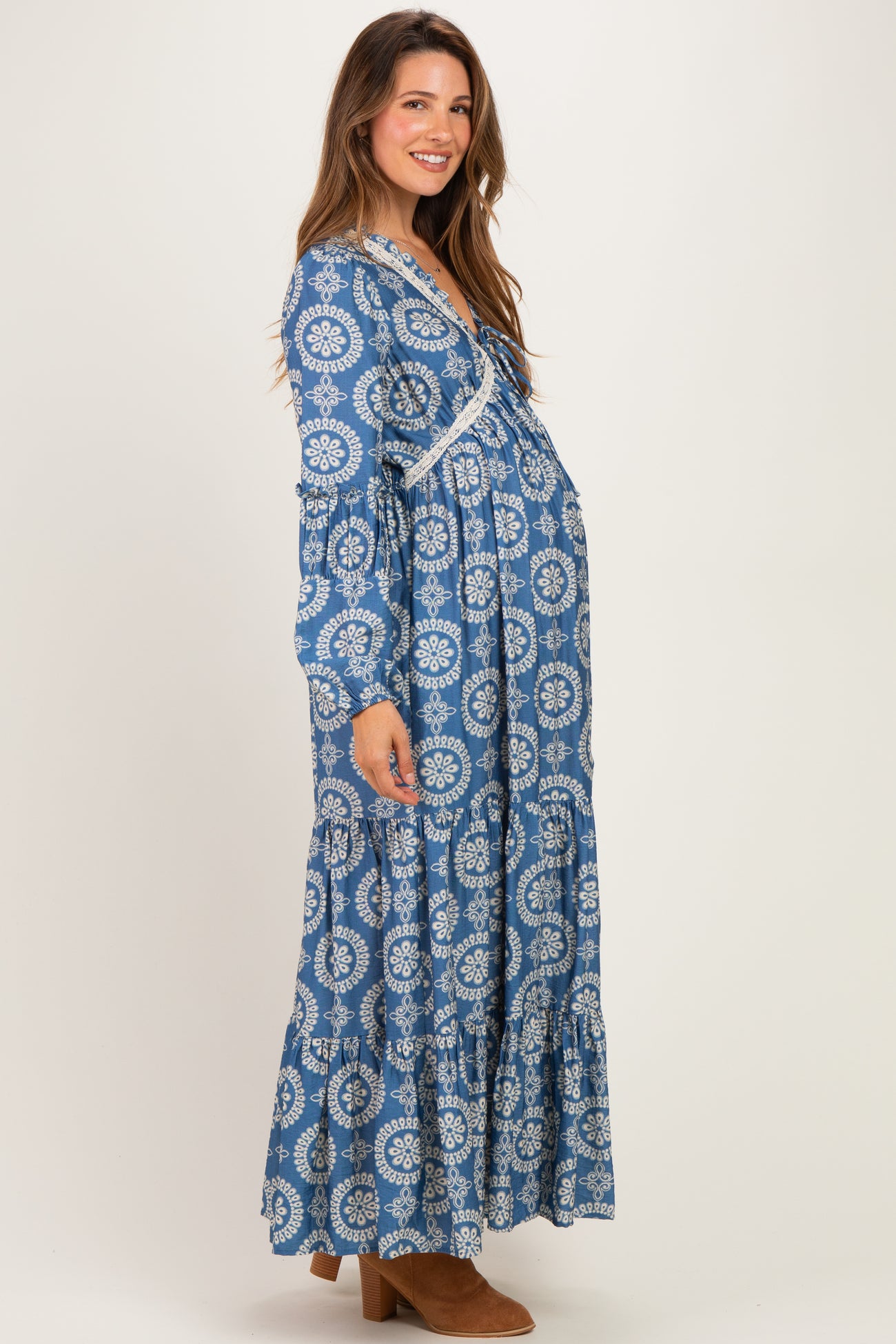 Dusty Blue Floral Lace Trim Maternity Maxi Dress