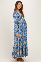 Dusty Blue Floral Lace Trim Maternity Maxi Dress