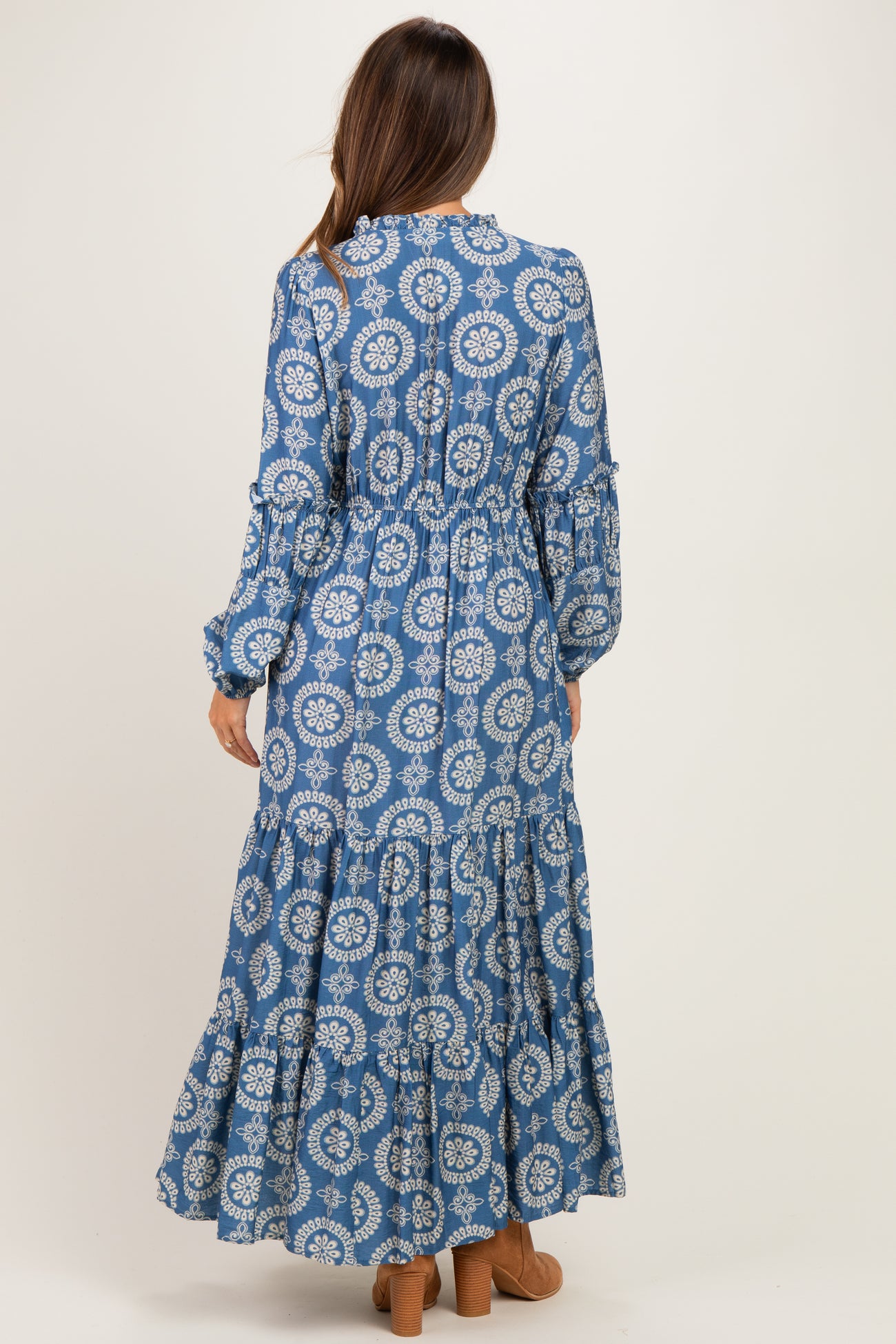 Dusty Blue Floral Lace Trim Maternity Maxi Dress